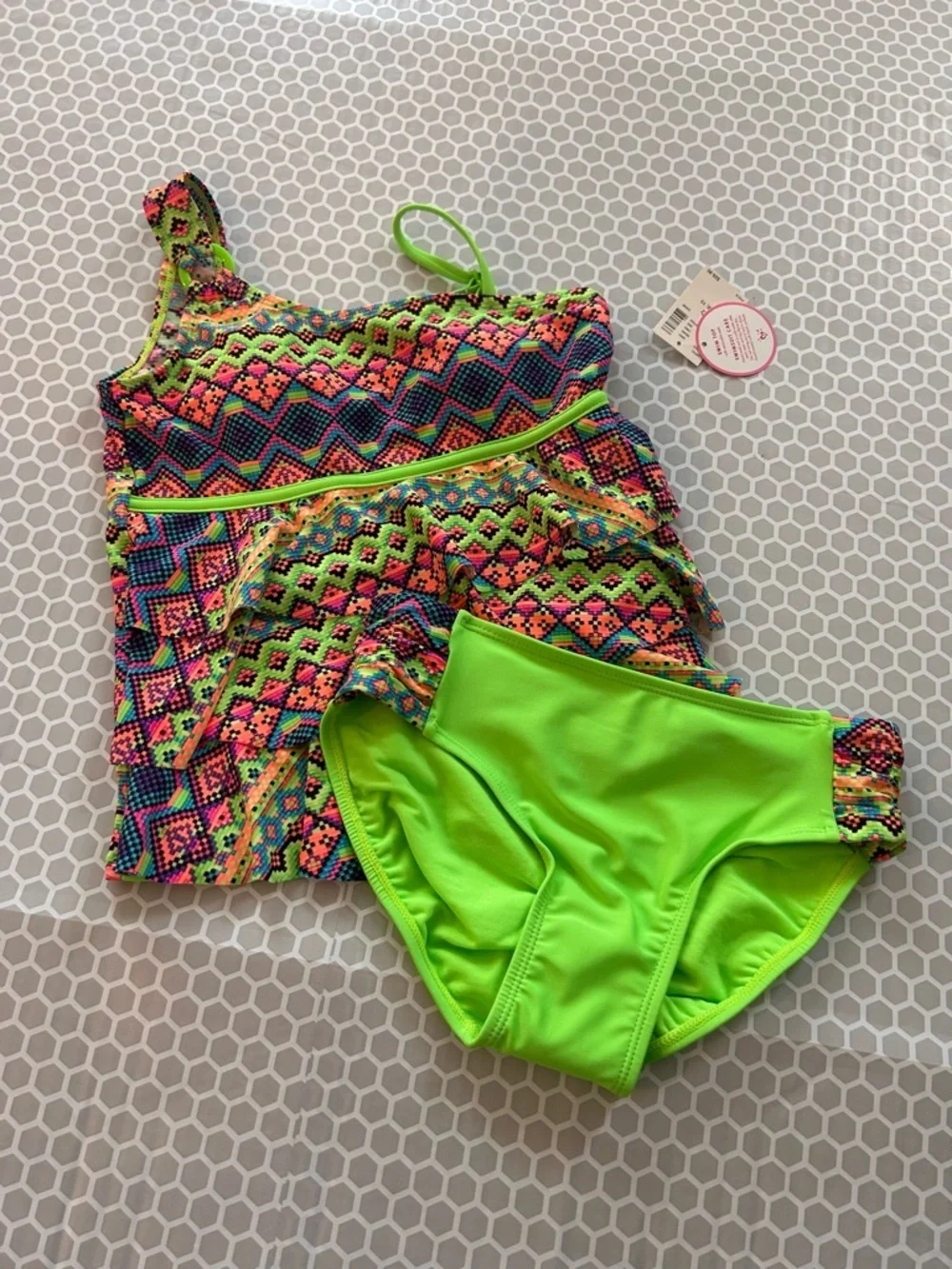 NWT Justice Neon Green & Multi-Color Aztec Tankini Set. Size 10